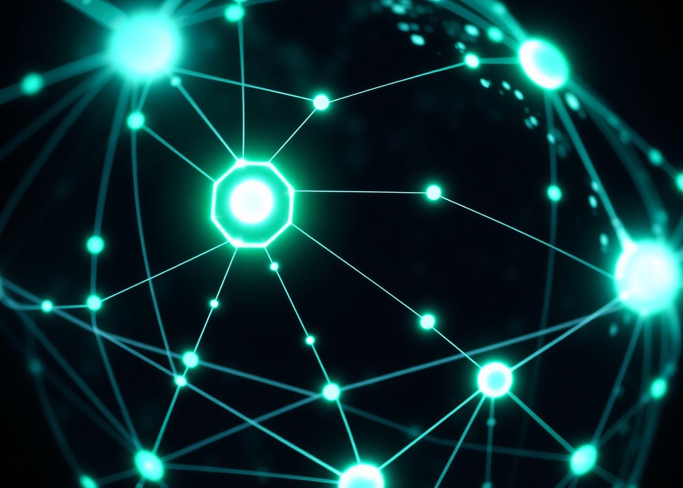 Glowing green nodes connected across a dark globe