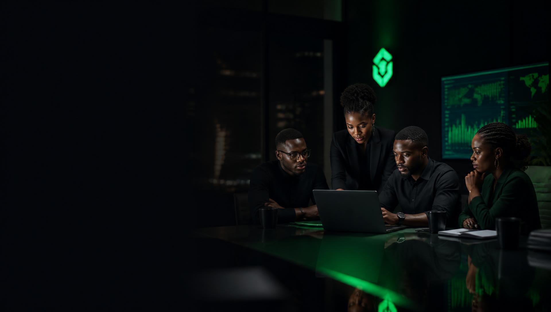 Inpruva team of technology professionals collaborating in a dark studio with emerald data screens