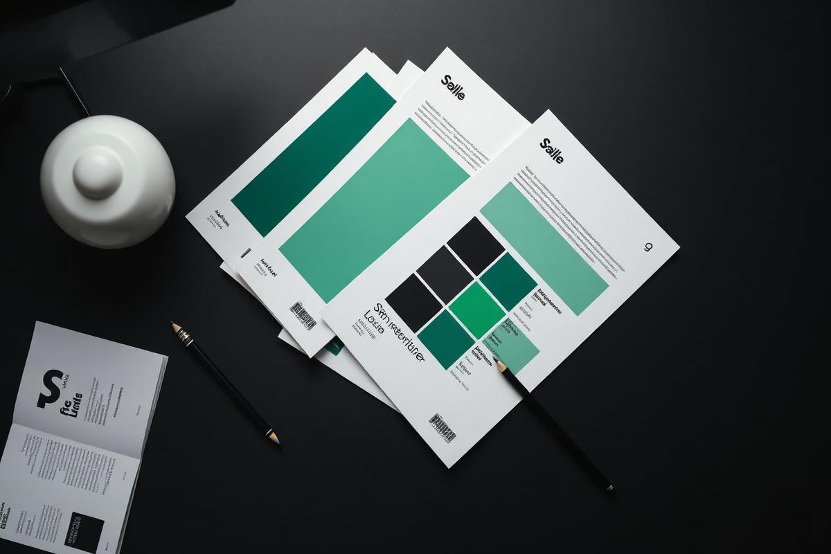 Brand style guide sheets and green colour swatches on a matte black desk